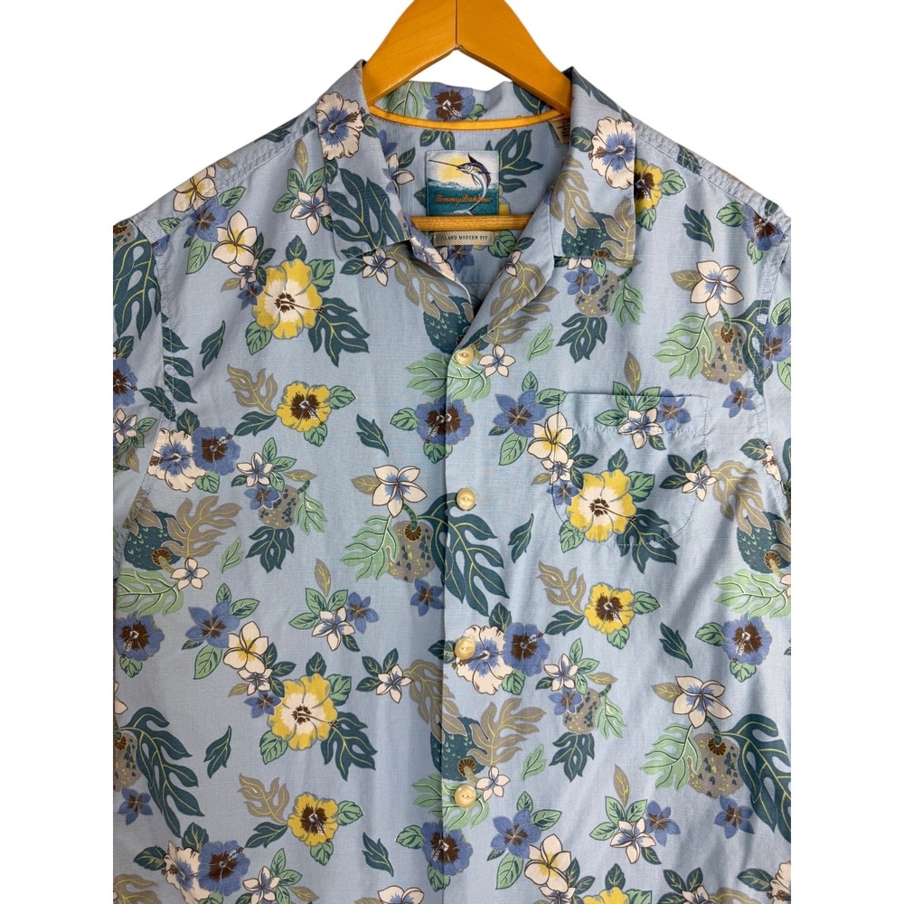 Tommy Bahama Silk Hawaiian Shirt Mens Large Blue Floral Short Sleeve Camp